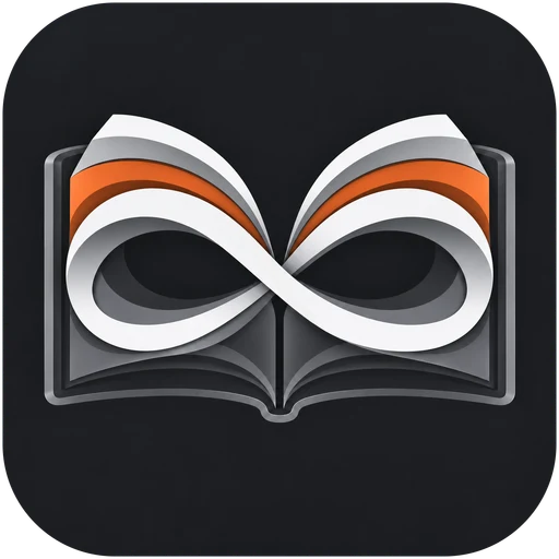 The NoBookEnds app icon: an infinity loop made of pages, rising from an open book.